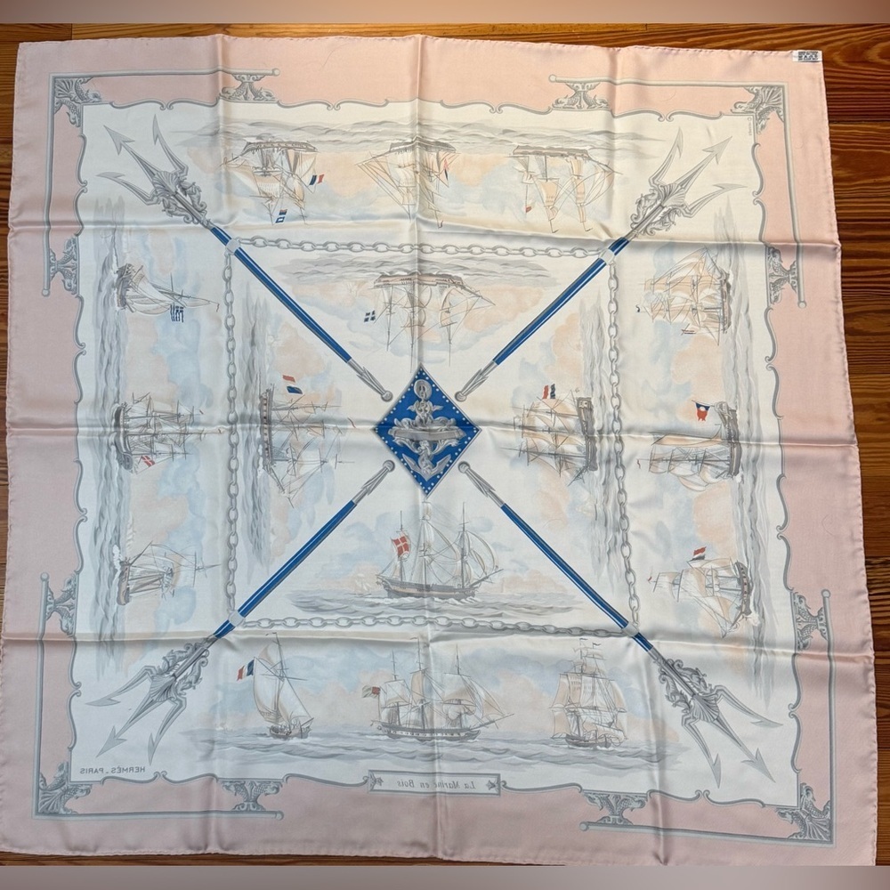 HERMES Never Worn Vintage “The Wooden Marine” Pink Carre 90 Silk Twill Scarf - Picture 13 of 16